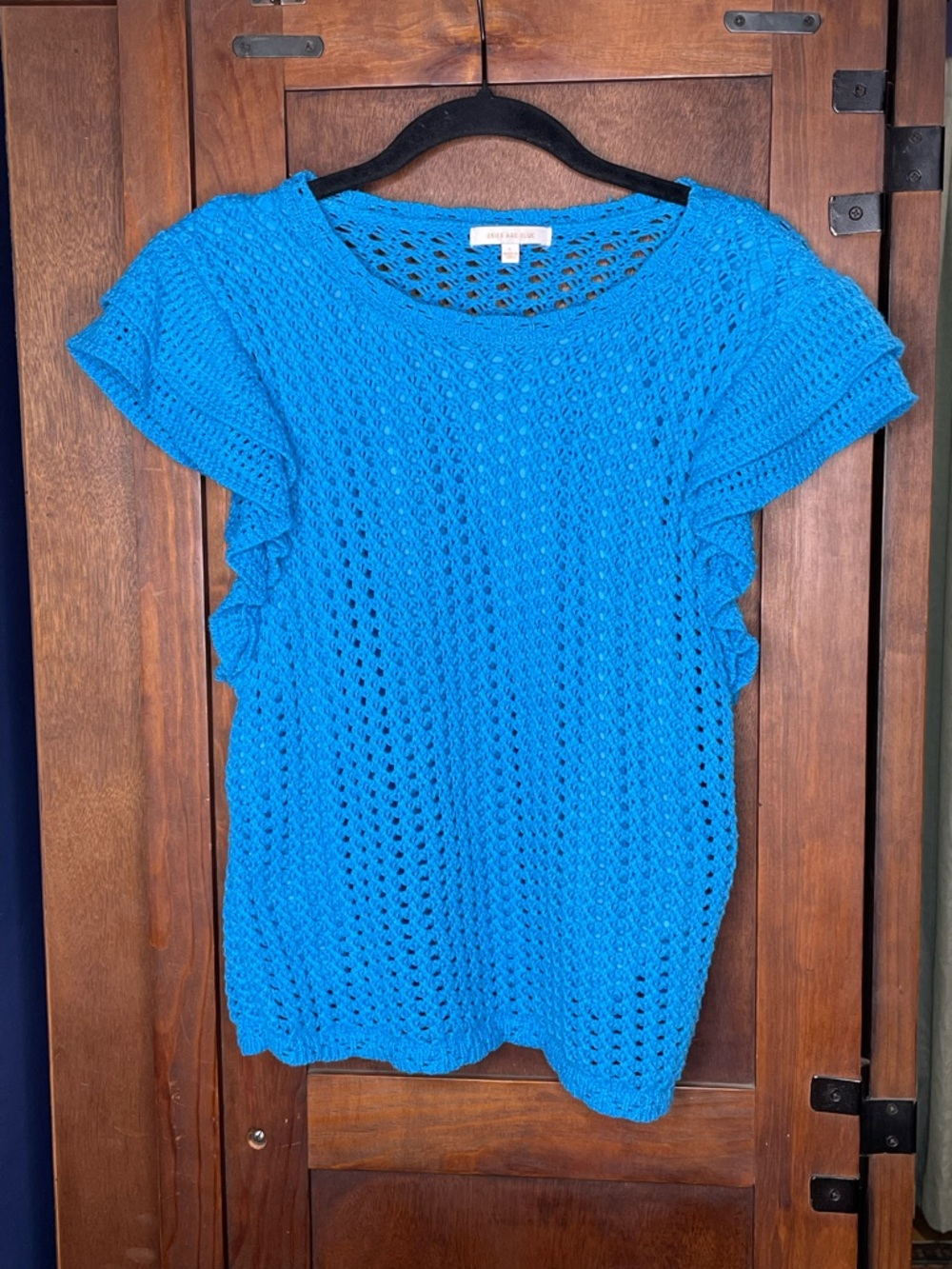 Skies Are Blue Blue Crochet Sweater Top Ruffle Sleeve Boho Coastal Resort Size L - Picture 2 of 6